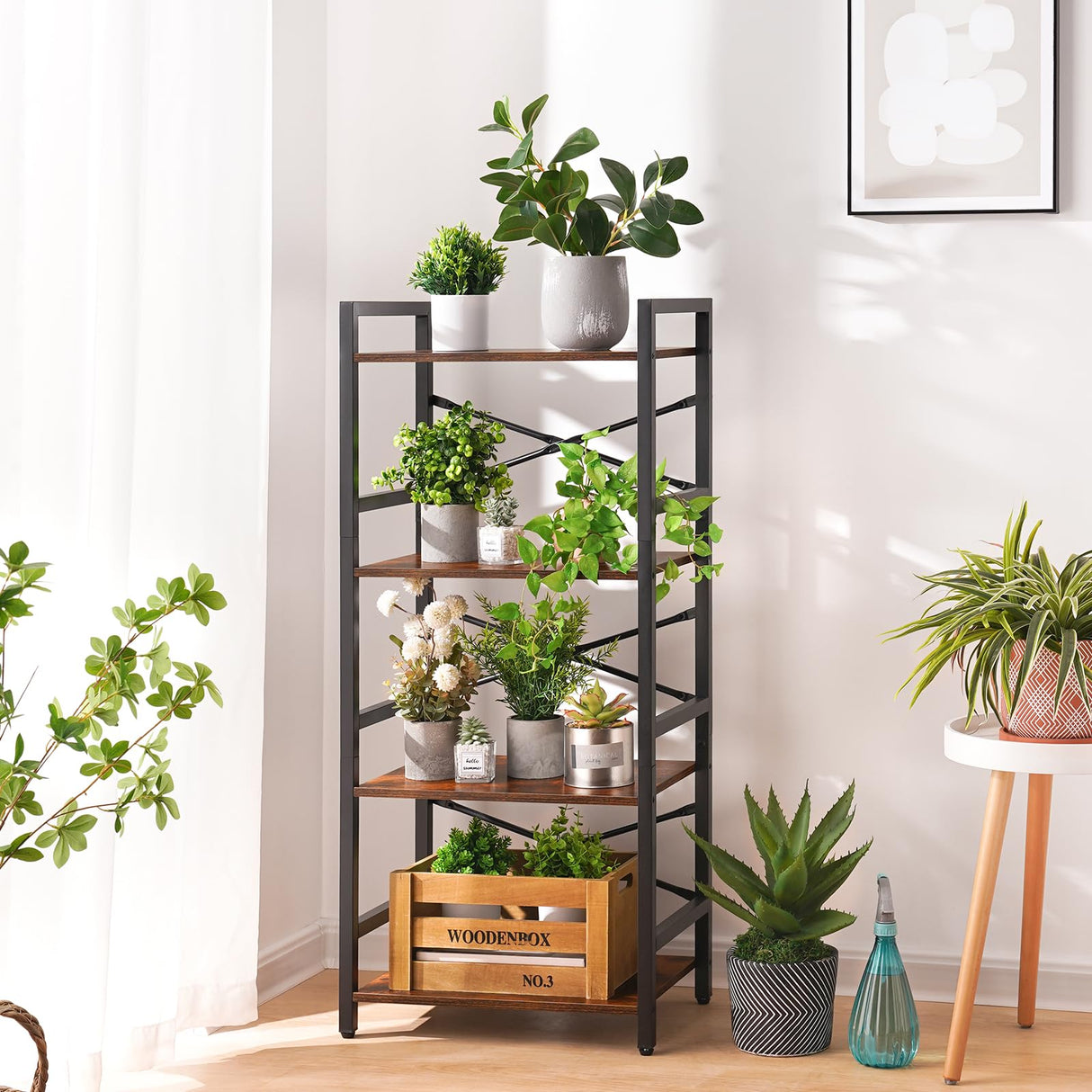 Yoobure 4 Tier Bookshelf - Small Book Shelf Industrial Bookcase, Narrow Book Case Book Storage Organizer for CD/Movie/Book, Bookshelves for Bedroom Office Living Room Berry Brown Yoobure