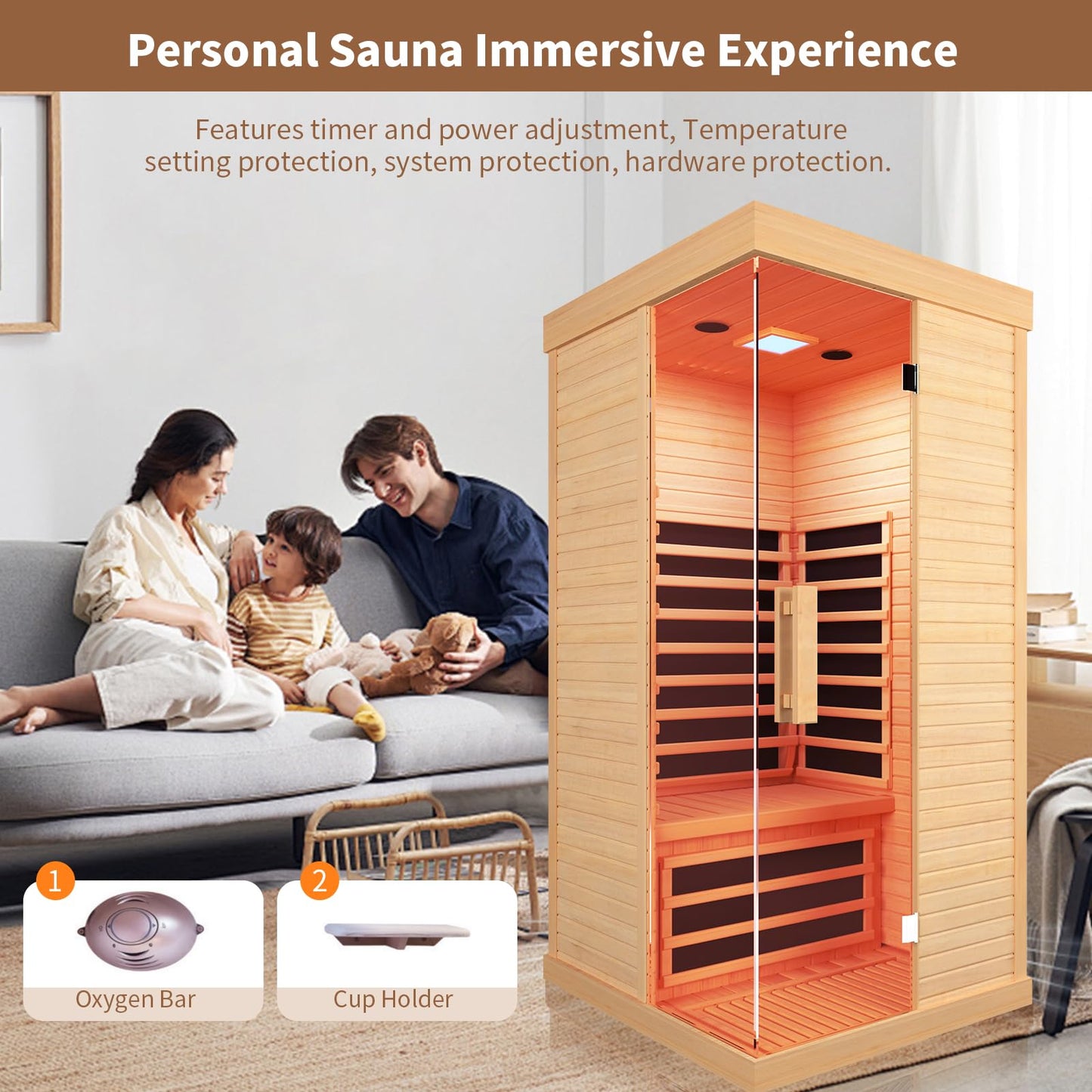 OUTEXER Sauna Room Indoor Far Infrared Saunas Home Canadian Hemlock 1400W Low-EMF Dry Saunas Single Person Spa with 7 Color Therapy 33.5 * 33.5 * 70.9inch