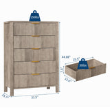 GarveeHome Fluted 5 Drawer Dresser, 45 in Tall Slim Dresser for Small Spaces, Modern Farmhouse Wooden Chest of Drawers for Bedroom Nursery Apartment, Easy Assembly GarveeHome