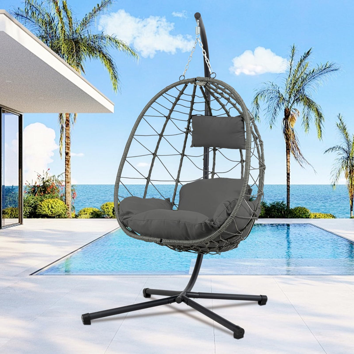 Egg Chair Indoor Outdoor, Foldable Hanging Egg Chair with Stand, Patio Swing Egg Chairs, UV Resistant Removable &Washable Thicken Padded Cushions, 350LBS Capacity for Bedroom, Balcony, Dark Gray HiDSLiving