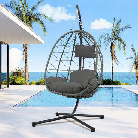 Egg Chair Indoor Outdoor, Foldable Hanging Egg Chair with Stand, Patio Swing Egg Chairs, UV Resistant Removable &Washable Thicken Padded Cushions, 350LBS Capacity for Bedroom, Balcony, Dark Gray HiDSLiving