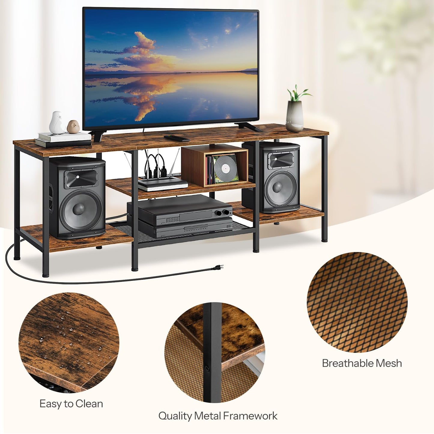 HOOBRO TV Stand with Power Outlets to 65 Inches, TV Console Table with Open Storage Shelves, Industrial Media Entertainment Center for Living Room Bedroom, Rustic Brown and Black BF40DS01