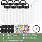 8 Pack 20oz Sublimation Tumbler Set Triple-Insulated Stainless Steel Sports Water Bottle with Straw Lid Blank Sublimation Cup with DIY Stickers, Shrink Wrap, Rubber Base, Heat Tape for Heat Transfer HEIBERWIND