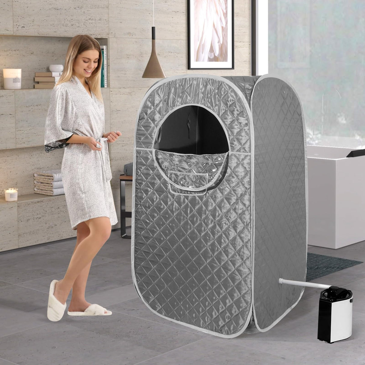 Portable Steam Sauna, Personal Sauna for Home,Steam Sauna,Sauna Box Sauna Tent with 3L Steamer, UV Atomization, Cycling Timer and 9 Levels - Silver Saupaolo