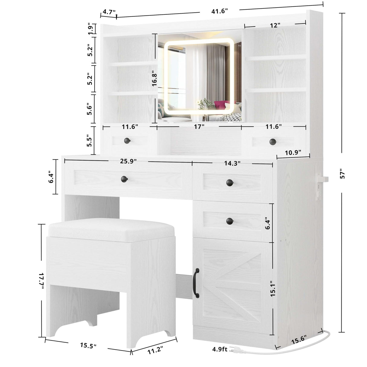 IRONCK Vanity Desk with LED Lighted Mirror, Large Storage Makeup Vanity Table with 5 Drawers, Cabinet, 7 Open Shelves, Power Outlet, Storage Stool, Bedroom, White IRONCK