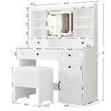IRONCK Vanity Desk with LED Lighted Mirror, Large Storage Makeup Vanity Table with 5 Drawers, Cabinet, 7 Open Shelves, Power Outlet, Storage Stool, Bedroom, White IRONCK