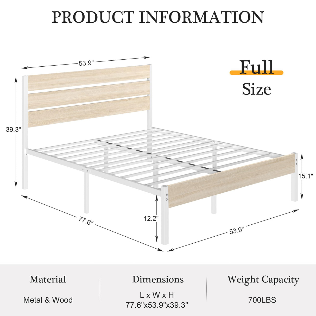 VECELO Full Bed Frame with Wooden Headboard and Footboard, Heavy-Duty Platform Frames with Metal Slats Support System, 12 inch Under-Bed Storage, No Box Spring Needed, Natural Maple VECELO