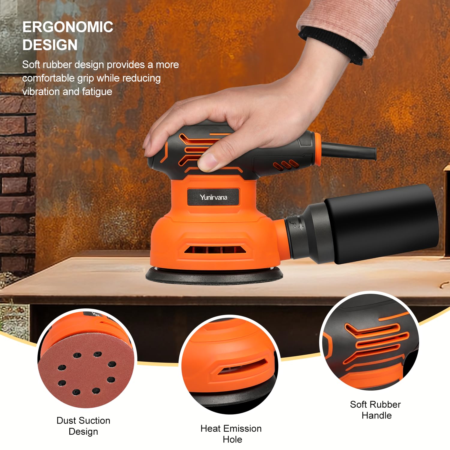 Yunirvana 5-Inch Orbital Sander, 2.5 Amp Motor, 15 Pcs Sanding Disc Set, 6-Speed Control (6000-12000 OPM), Efficient Dust Collection for Superior Sanding and Polishing - WoodArtSupply