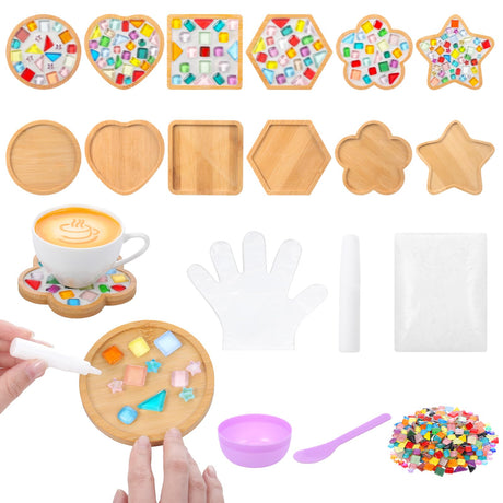 Potchen 12 Sets DIY Glass Mosaic Tiles for Crafts Mixed Color Mosaic Kits with Wooden Coaster for Adults Handmade Coasters Making Set for Coaster Handmade Home Decoration Gifts Potchen