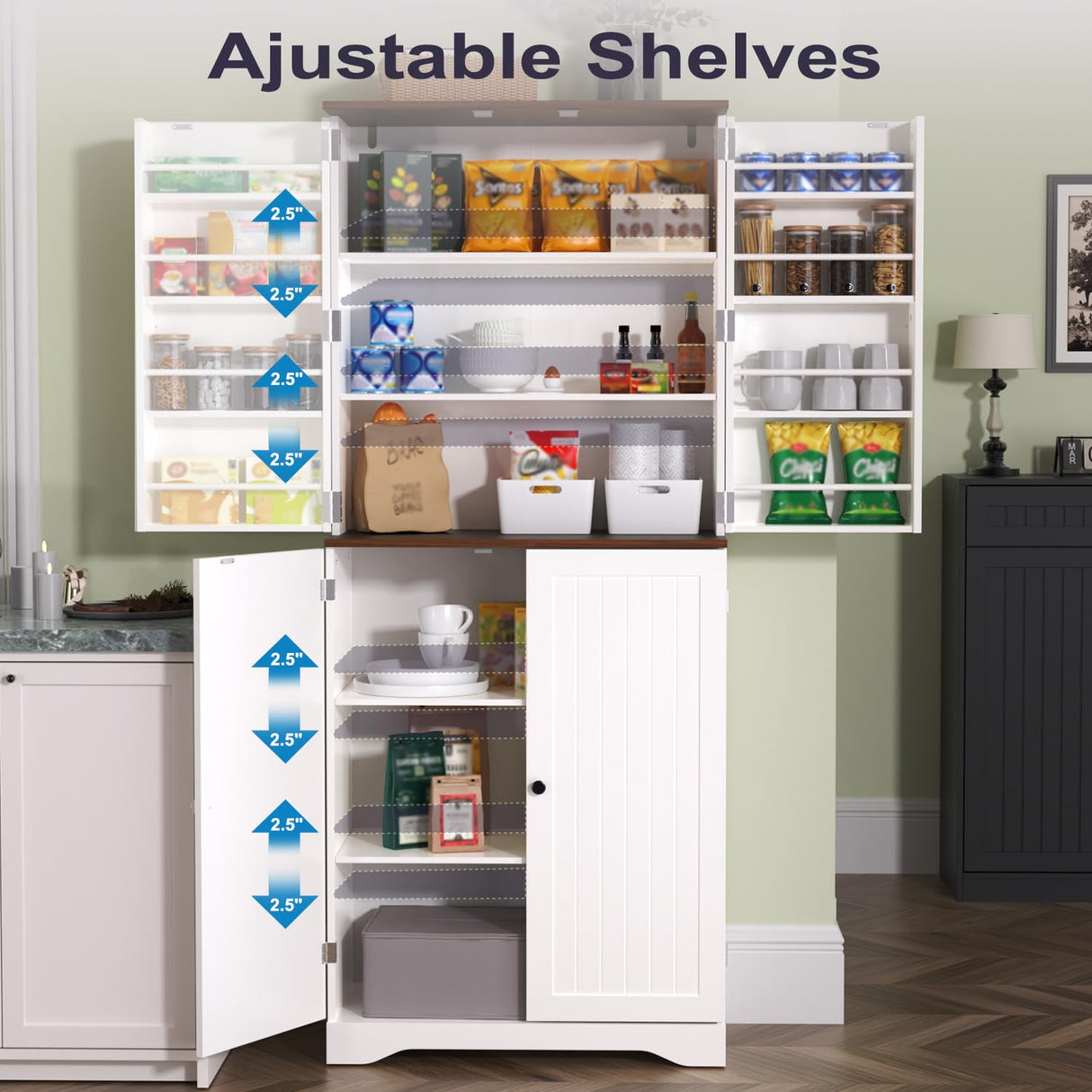 Furnify 72" Tall Kitchen Pantry, Farmhouse Pantry Storage Cabinet with Doors Organizer, Freestanding Cupboard with Adjustable Shelves, Rustic Buffet Cabinet for Kitchen, Dining Room, Bathroom, White Furnify