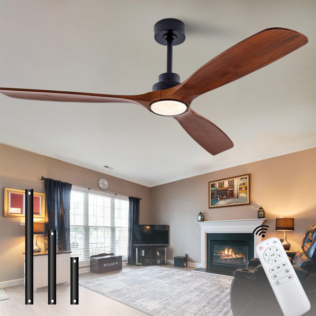 QUTWOB 60" Wood Ceiling Fan with Lights Remote Control,Quiet DC Motor 3 Blade Ceiling Fans for Patio Living Room, Bedroom, Office,Indoor Outdoor(Black+Walnut) QUTWOB
