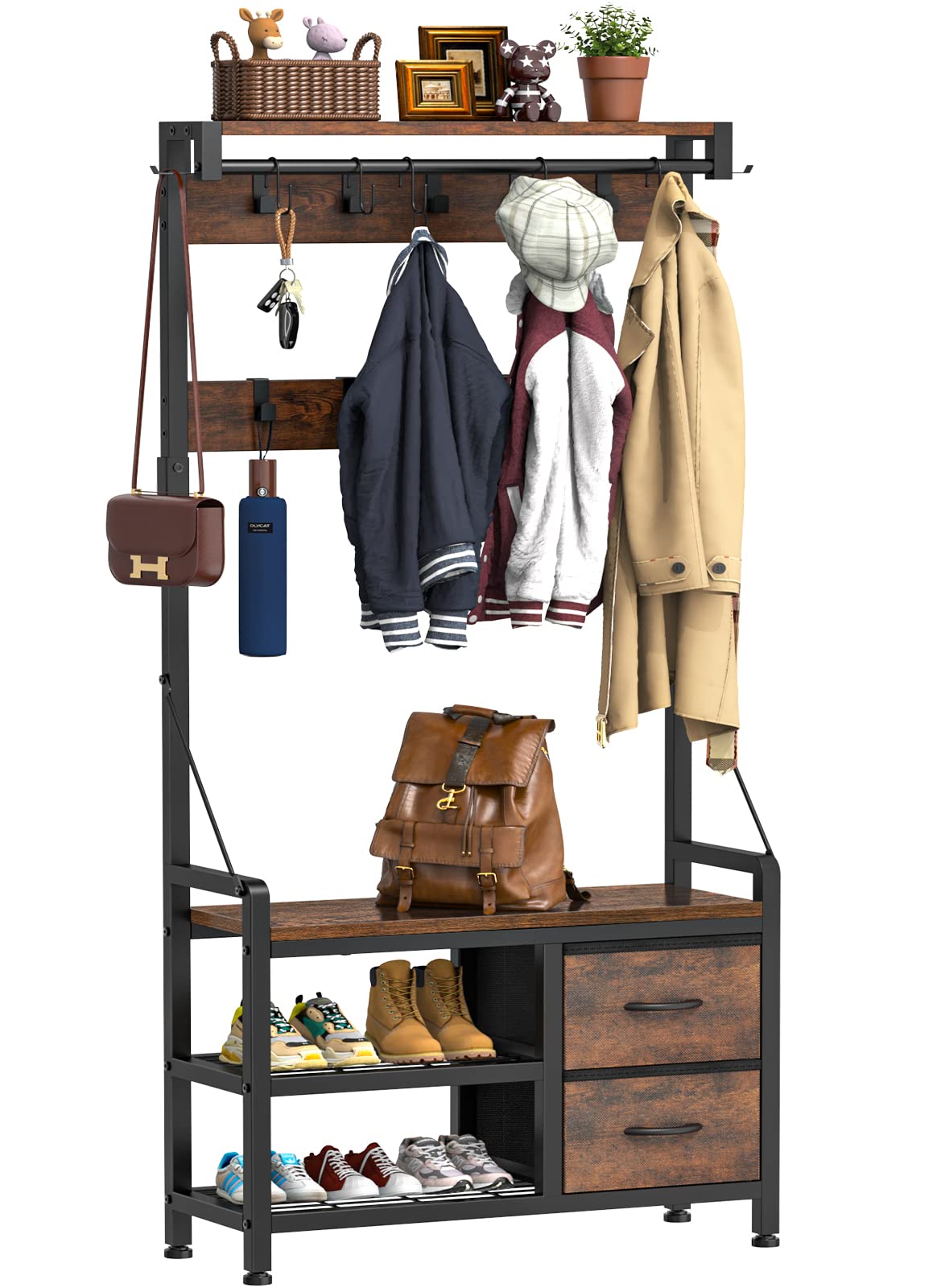 Lulive Hall Tree, 31.5” Entryway Bench with Coat Rack freestanding, 5 in 1 Intelligent Design Shoe Bench and Wall Rack 17 Hooks and Drawers (Rustic Brown) Lulive