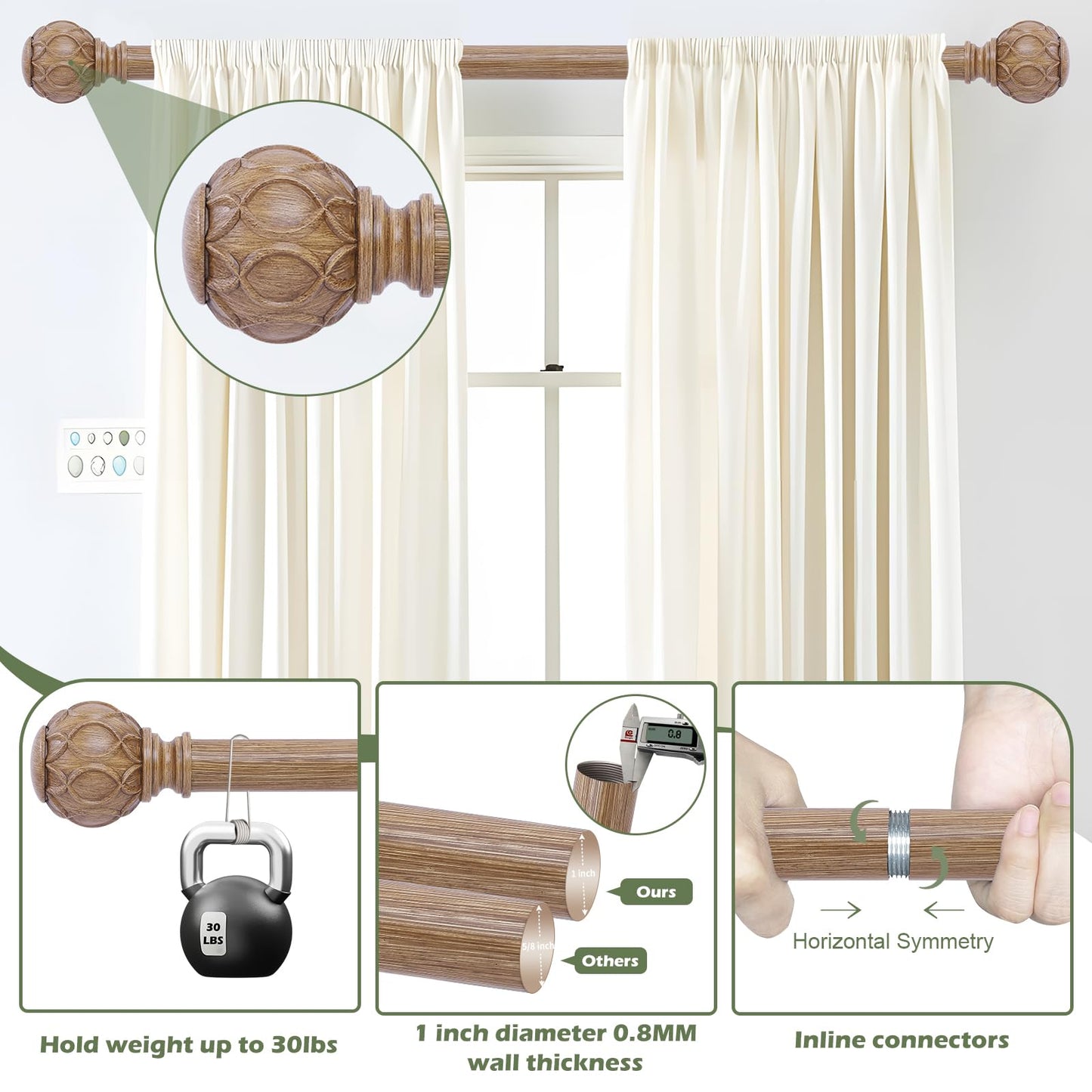 HTZON Wood Curtain Rods 48 to 84 Inch,1 Inch Adjustable Curtain Rod,Netted Wooden Window Curtains Rods,Farmhouse Rustic Heavy Duty Curtain Rods,Brown Wood Grain Decorative Single Drapery Rods 36-88"