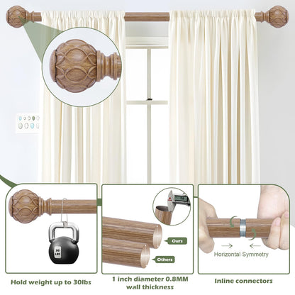 HTZON Wood Curtain Rods 48 to 84 Inch,1 Inch Adjustable Curtain Rod,Netted Wooden Window Curtains Rods,Farmhouse Rustic Heavy Duty Curtain Rods,Brown Wood Grain Decorative Single Drapery Rods 36-88"