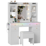 Wodeer Vanity Desk with Mirror and Lights, 43" White Makeup Vanity Set with 5 Drawers & Glass Cabinets, Storage Stool, Power Outlet & Adjustable LED Lights, Dressing Table for Women & Girls Bedroom Wodeer