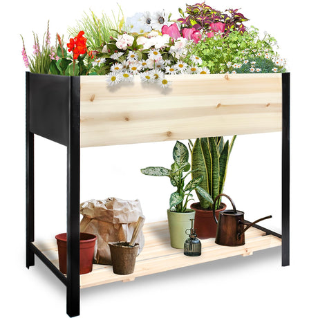 Hozeiee Raised Garden Bed with Legs, Metal & Wood Elevated Planter Box for Outdoor Plants, Vegetables, Flowers, Herbs, 4 Legs, 36(L) x18(W) x30(H) Inch Garden Bed for Outdoors Hozeiee