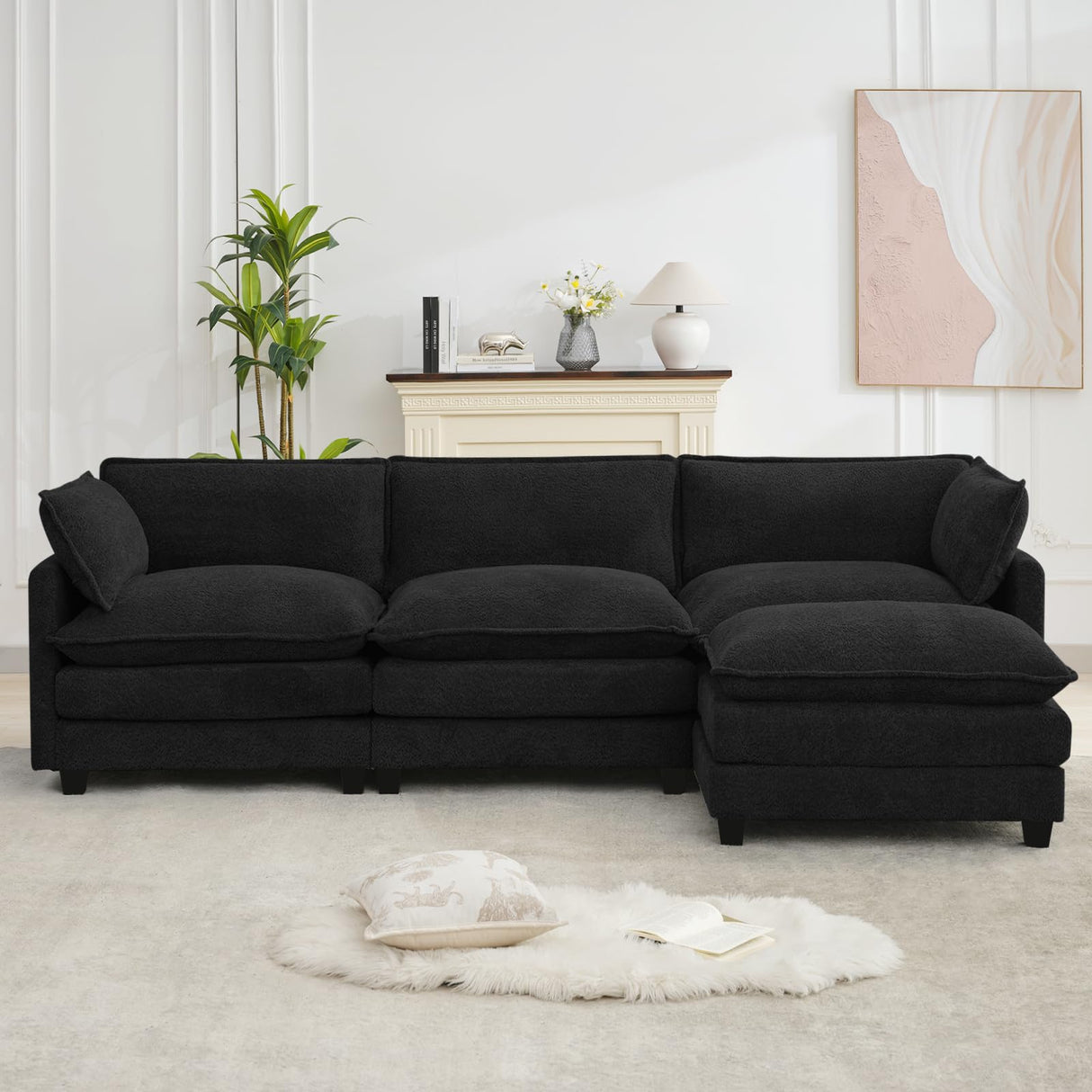ROWHY Oversized Modular Sectional Couch with Movable Ottoman, 112" Modern Convertible L Shaped Sofa Set, 4 Seat Comfy Cloud Couch with 2 Throw Pillows, for Living Room and Office, Chenille, Black ROWHY
