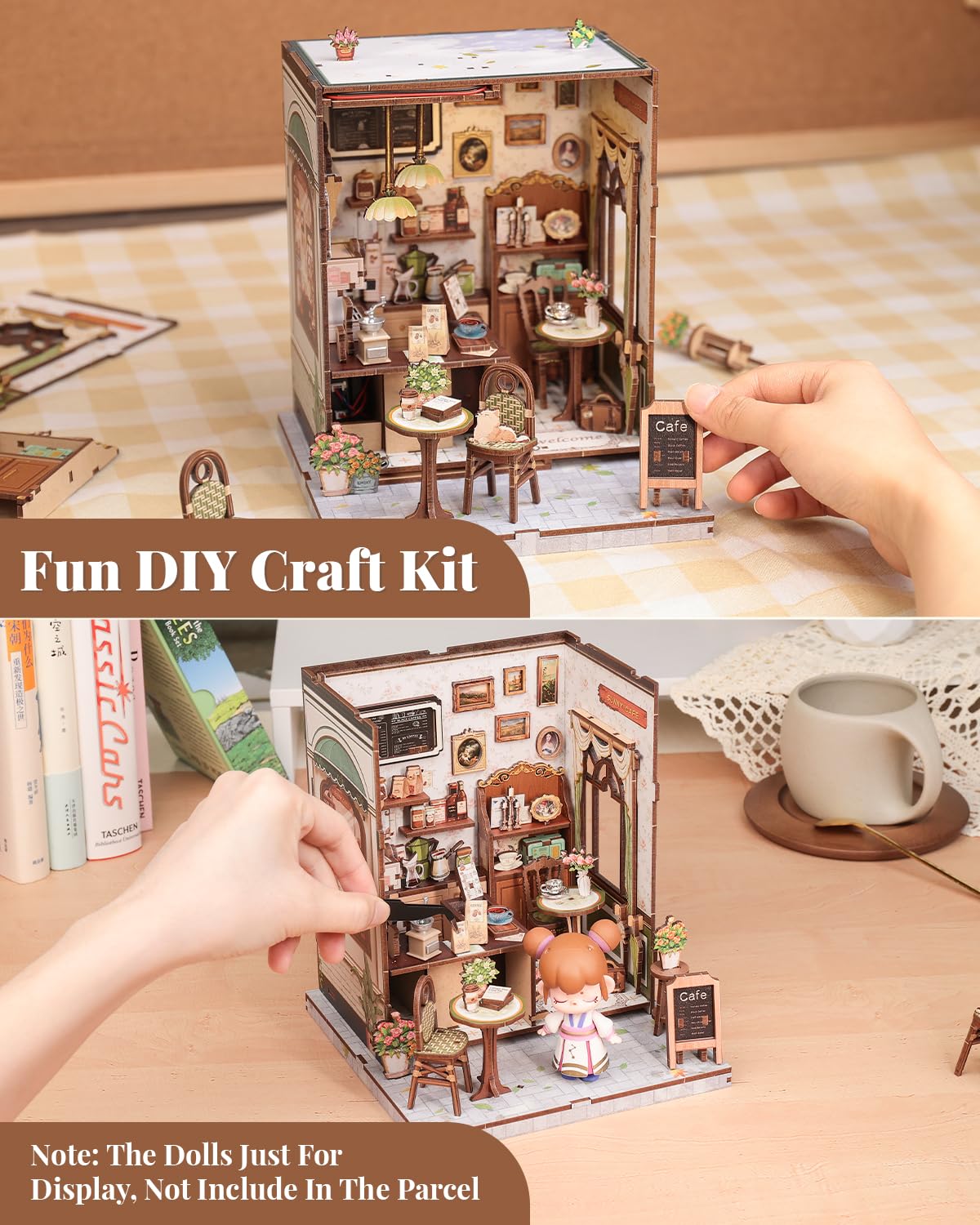 CUTEBEE Book Nook Kit - DIY Miniature House Dollhouse Kit for Adult and Teens, Booknook Bookshelf Decor Alley Model Build with LED Light, Gifts for Family and Friends (Sunny Cafe) CUTEBEE