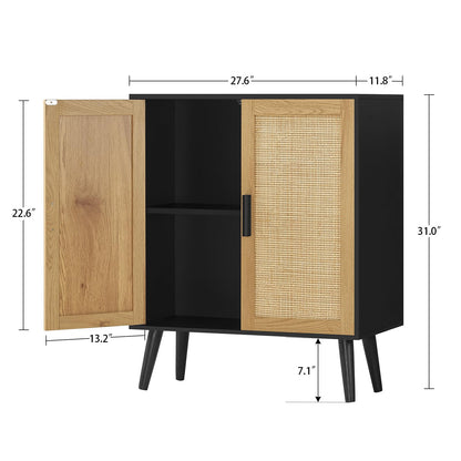 Iwell Storage Cabinet, Rattan Cabinet with Adjustable Shelf & Doors, Buffet Cabinet with Storage, Accent Cabinet for Living Room, Kitchen, Entryway, Natural+ Black