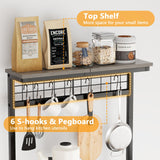 Furologee Bakers Rack with Power Outlet and LED Light, Small Coffee Bar Station with 4 Tier Shelves, Microwave Stand Table with 6 S Hooks, Kitchen Storage Rack for Spices, Pots, Black Oak Furologee