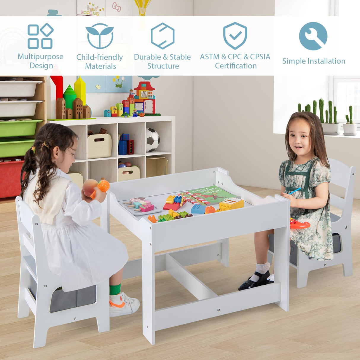 GLACER Kids Table and Chairs, 3 in 1 Wooden Activity Table with Storage, Reversible Tabletop, Chalkboard for Crafts, Drawing, Reading, Toddler Table and Chair Set for Playroom, Easy to Clean(Grey) GLACER