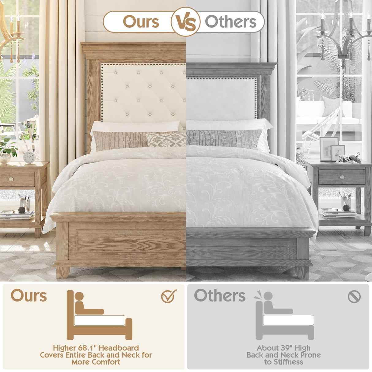 YUMPIE Queen Rustic Solid Wood Bed Frame With 68" Tall Headboard, Farmhouse Chenille Upholstered Panel Platform Bed Mattress Frame, Button Tufted/Antique Brass Nail Trim/No Box Spring Needed, Milk Ash YUMPIE