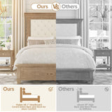 YUMPIE Queen Rustic Solid Wood Bed Frame With 68" Tall Headboard, Farmhouse Chenille Upholstered Panel Platform Bed Mattress Frame, Button Tufted/Antique Brass Nail Trim/No Box Spring Needed, Milk Ash YUMPIE