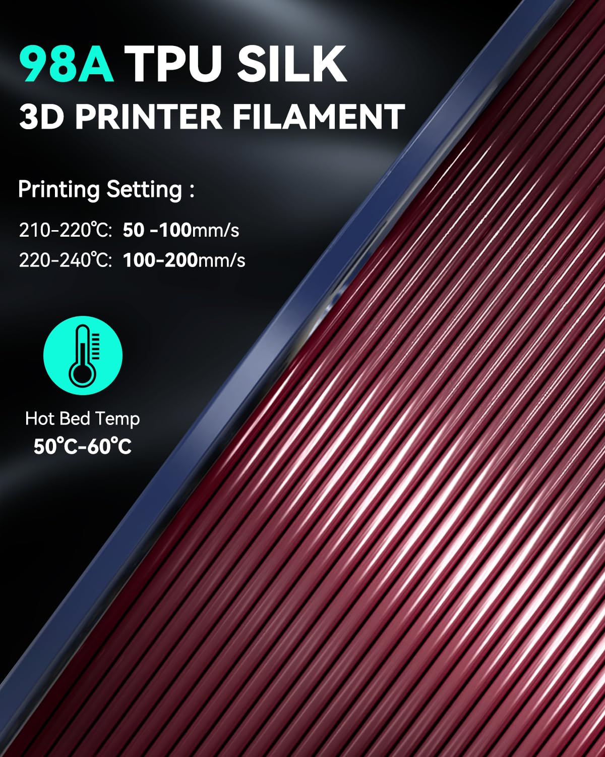 SUNLU TPU-Silk 3D Printer Filament, 98A TPU Filament 1.75mm, Glossy Silk Surface TPU Filament, Flexible TPU 3D Printing Filament, Dimensional Accuracy +/- 0.03mm, 1kg(2.2lbs) Spool, Burgundy Red SUNLU