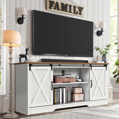 4 EVER WINNER White TV Stand for 65 Inch TV, 58" Farmhouse Entertainment Center with Sliding Barn Doors for Televisions up to 65+ Inch, TV Stand 65 Inch with Adjustable Shelf for Living Room