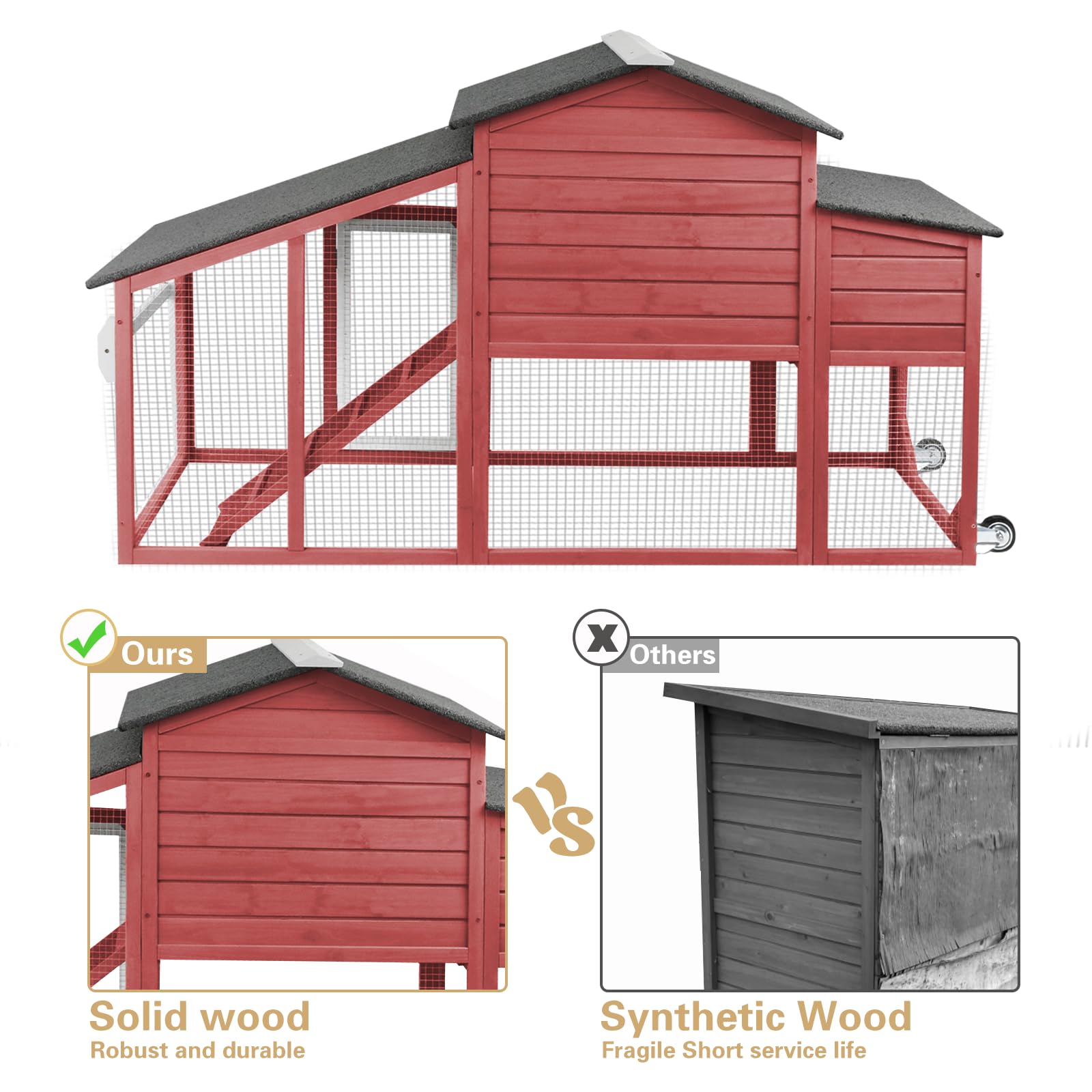 PetsCosset Chicken Coop Wooden Backyard Hen House - Indoor Outdoor for 2-3 Chickens, 2 Story Poultry Cage with Run, Chicken Nesting Box, Pull Out Trays and Anti-Slip Asphalt Ramp - WoodArtSupply