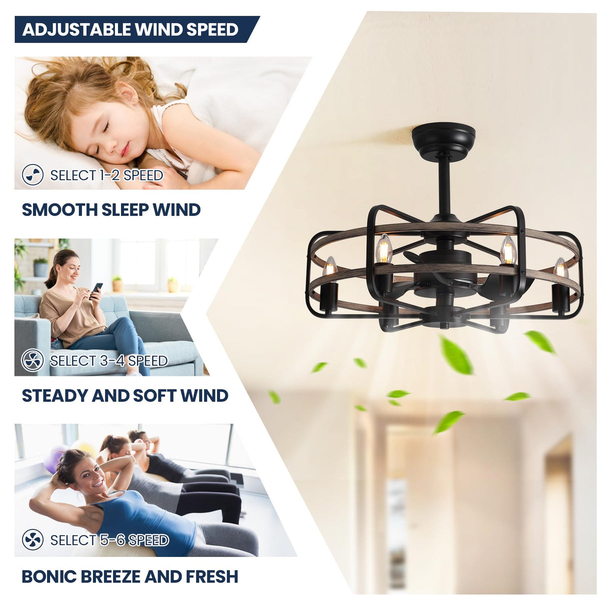 NOXARTE Cage Ceiling Fan with Light, Vintage Fandelier Remote Control, Bladess Industrial Chandelier Ceiling Fan Reverse Motor for Living Dining Room Bedroom Dia 25 Inch NOXARTE