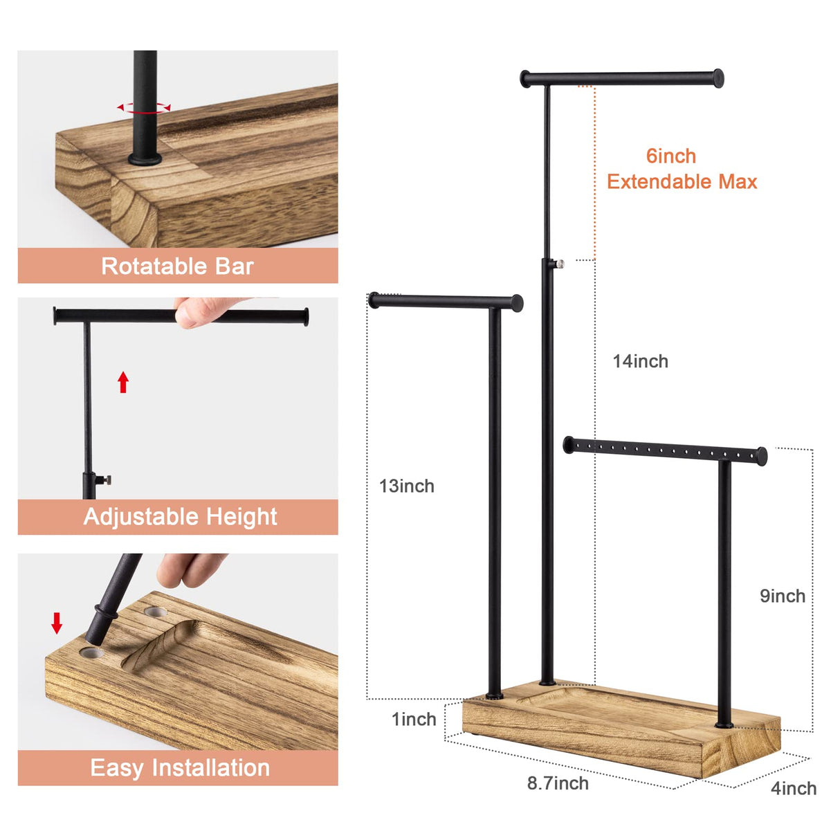 SRIWATANA Jewelry Organizer Stand, Extra Tall Necklace Holder Jewelry Holder, Gift Idea (Carbonized Black & Black) SRIWATANA