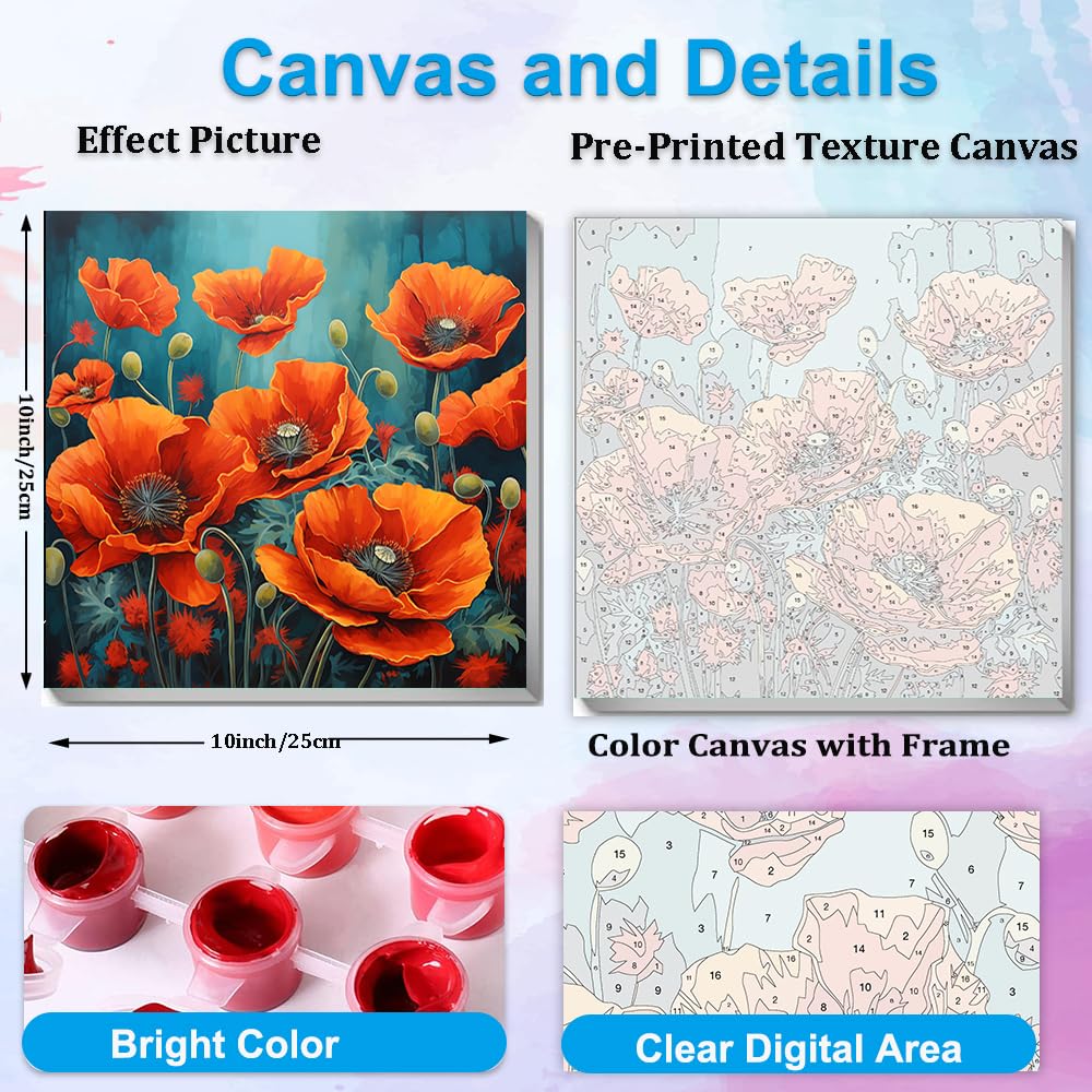 Artunion Framed Paint by Numbers Kit for Adults Beginners & Kids Ages 8-12,Red Poppy Paint by Number with Frame,Flower Adult Paint by Numbers Kit on Canvas 10 * 10 Inch Without Easel Artunion