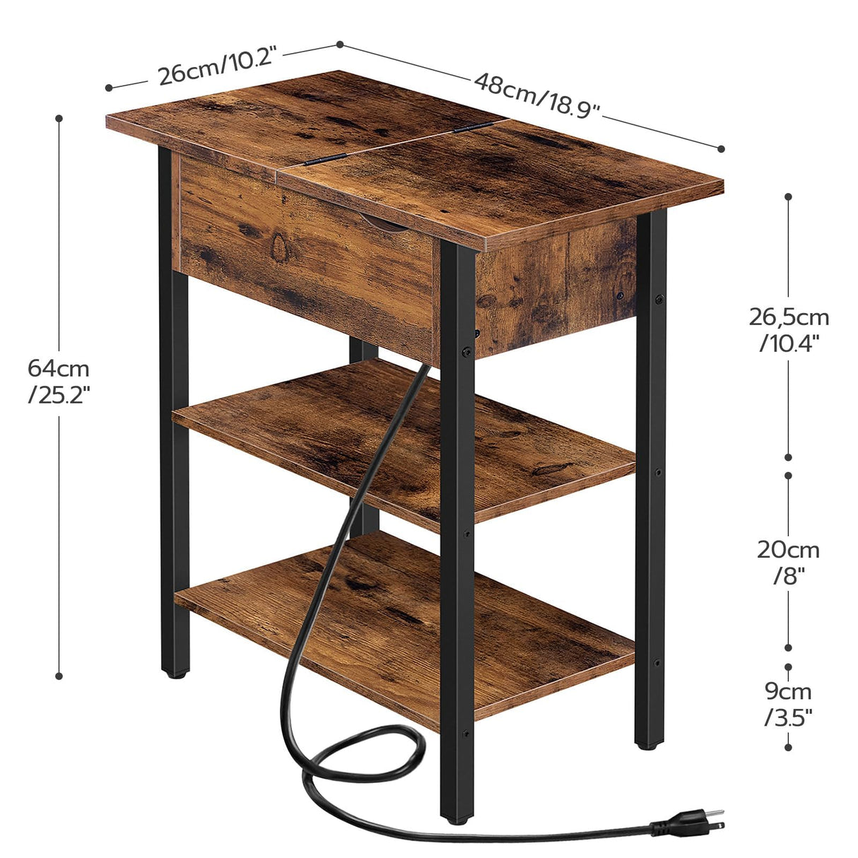 HOOBRO End Table with Charging Station, Narrow Side Table, Flip Top Nightstand with USB Ports and Outlets, Bedside Tables with Shelf for Small Spaces, Living Room, Rustic Brown BF341BZ01 HOOBRO