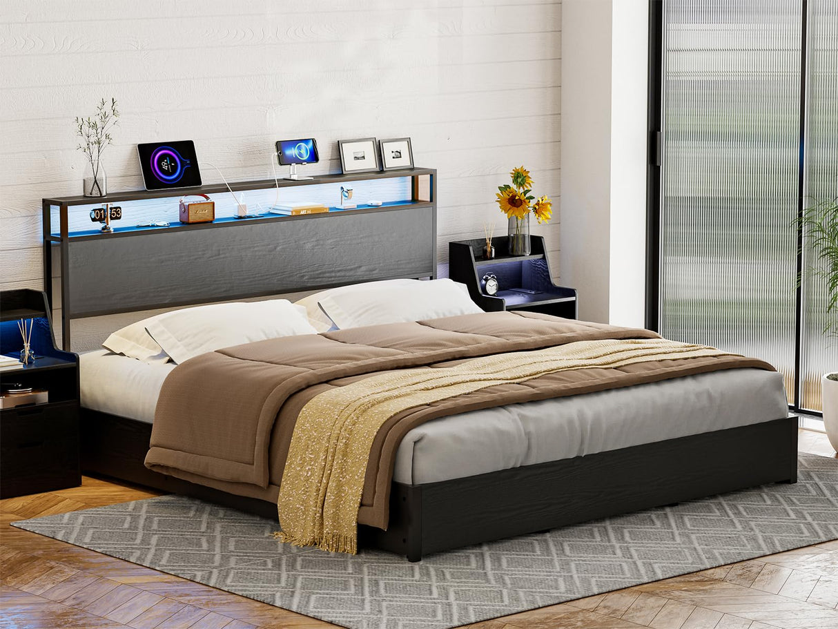 AOVSA King Size Storage Headboard with LED Mood Lighting, Charging Station & Metal/Wood Design - Black AOVSA