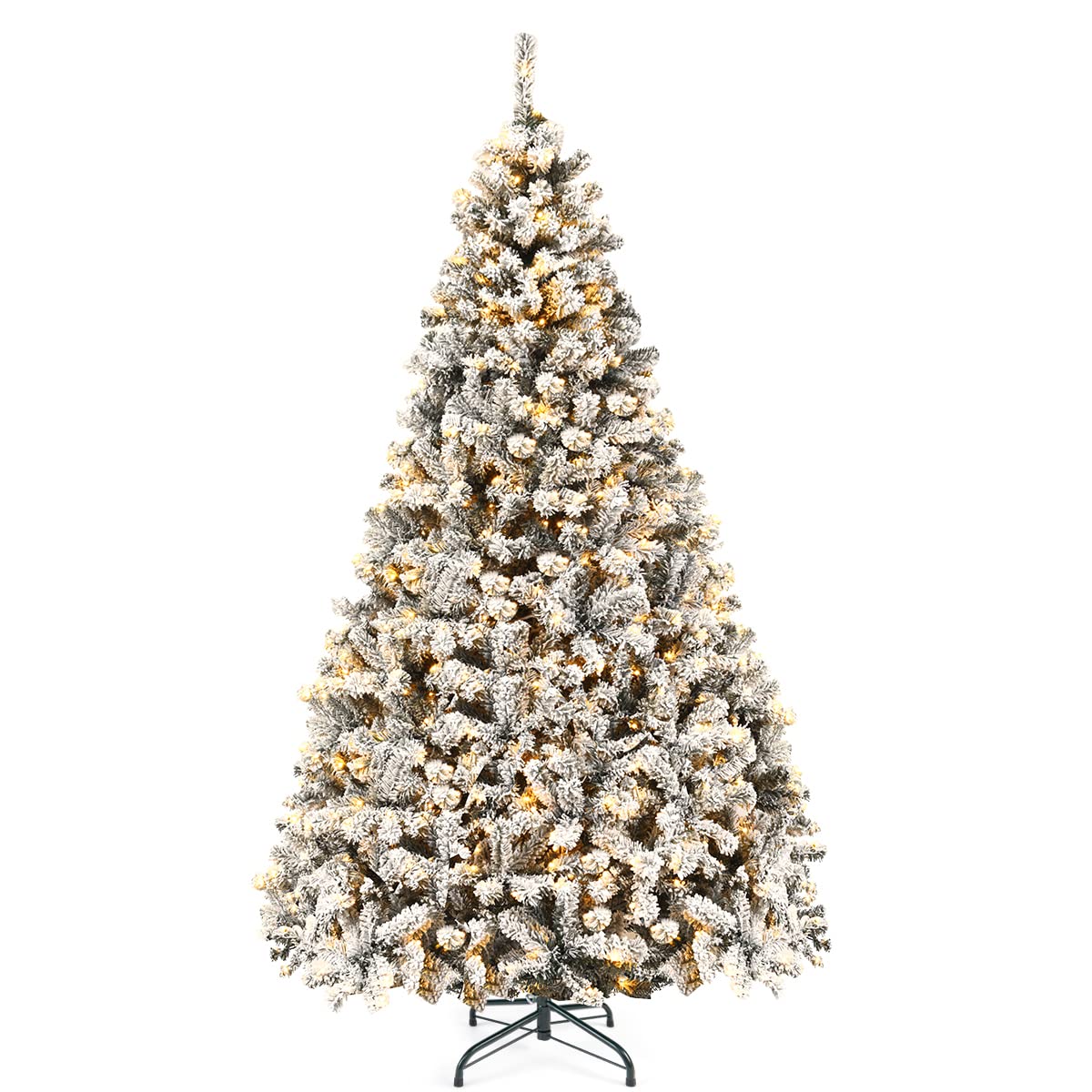 Goplus 9ft Pre-Lit Artificial Christmas Tree, Premium PVC Snow Flocked Hinged Pine Tree with Metal Stand and LED Lights, Perfect Xmas Decoration for Indoor and Outdoor