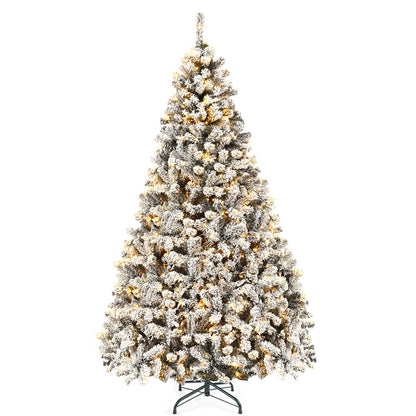 Goplus 9ft Pre-Lit Artificial Christmas Tree, Premium PVC Snow Flocked Hinged Pine Tree with Metal Stand and LED Lights, Perfect Xmas Decoration for Indoor and Outdoor