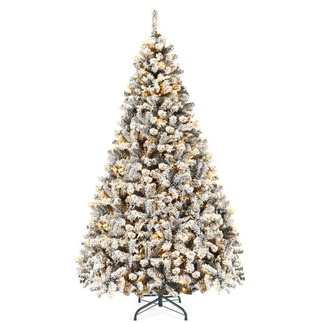 Goplus 9ft Pre-Lit Artificial Christmas Tree, Premium PVC Snow Flocked Hinged Pine Tree with Metal Stand and LED Lights, Perfect Xmas Decoration for Indoor and Outdoor Goplus