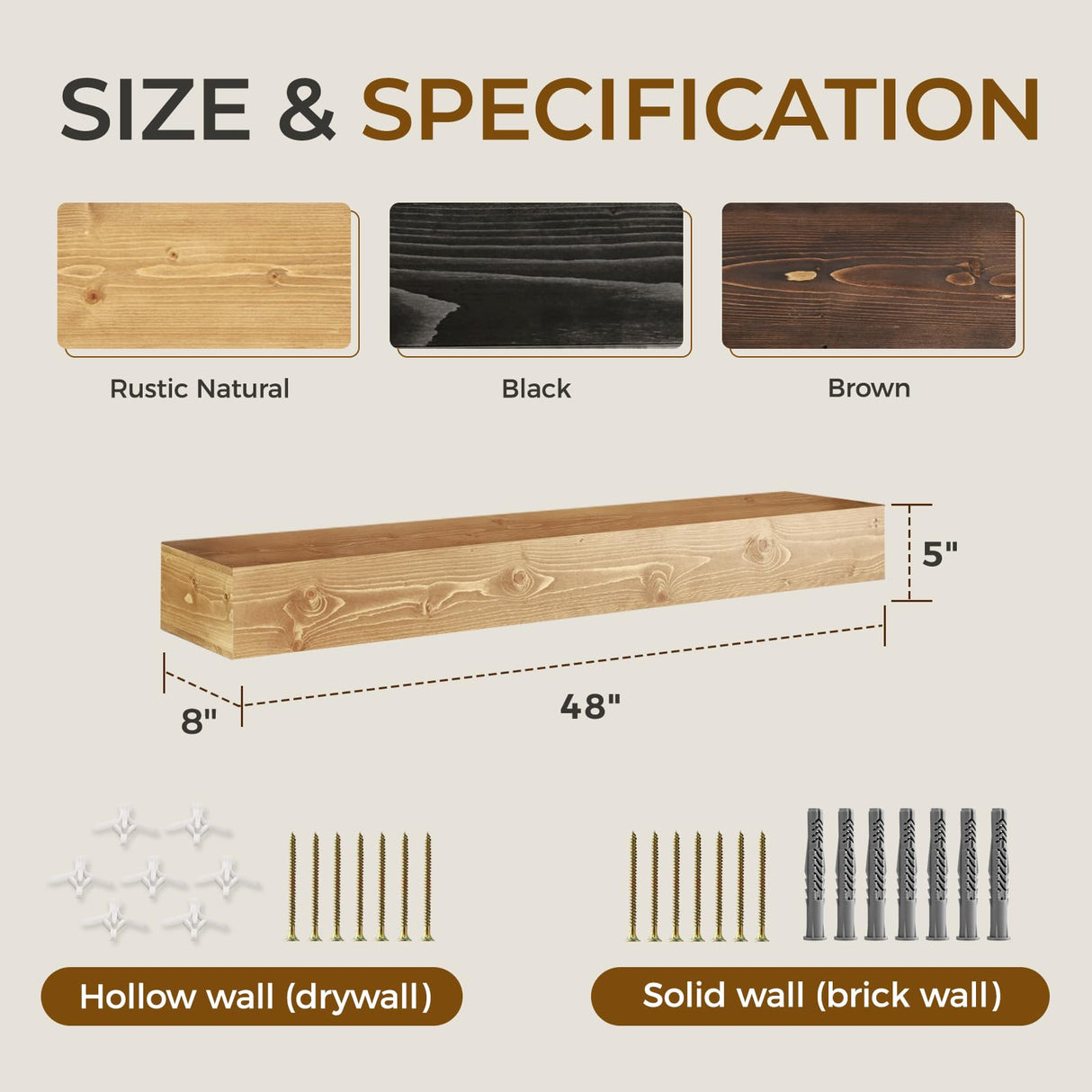 YLYHSST 48" Fireplace Mantel, 5'' Thick Handmade Hollow Solid Wood Wall Long Floating Shelf with Invisible Wood Brackets, Wood YLYHSST