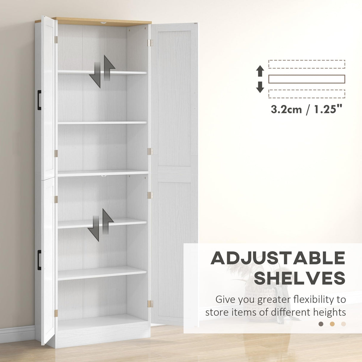 HOMCOM 67" Freestanding Kitchen Pantry, 4-Door Storage Cabinet Organizer with Adjustable Shelves, Kitchen Cabinet with Doors and Shelves, Distressed White HOMCOM