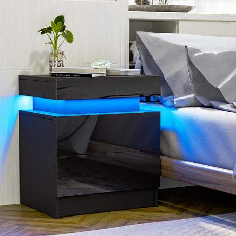 HOMMPA Set of 2 LED Nightstands Black Nightstand with Led Lights Modern Night Stand with 2 High Gloss Drawers Led Bedside Table Smart Nightstand for Bedroom 20.5” Tall HOMMPA