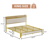 GAOMON King Bed Frame with Charging Station, LED Bed Frame with Storage Headboard, Upholstered Platform Bed Frame, No Box Spring Needed, Easy Assembly, White＆Gold GAOMON