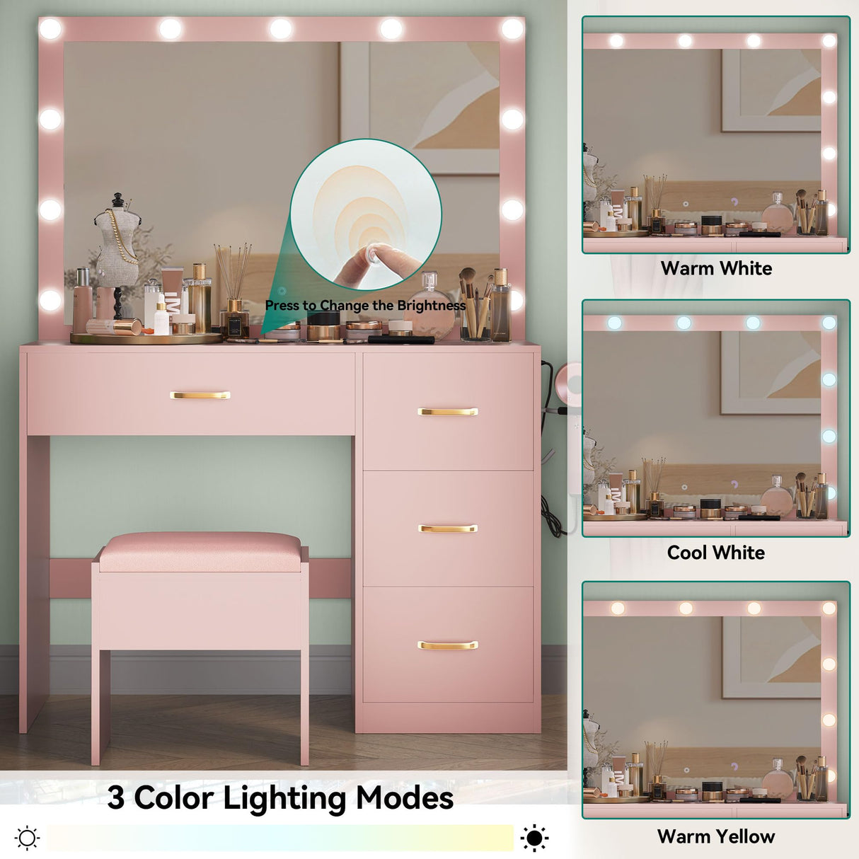 YITAHOME Makeup Vanity Desk with Large Lighted Mirror & Power Outlet, Makeup Vanity Set with 4 Drawers, Dressing Table with 3 Color Modes Available, Cushioned Bench, Bedroom, Pale Pink YITAHOME