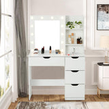 JoanKaren Modern Vanity Makeup Desk with Vanity Mirror, Built-in Lights, 4 Drawers, Crystal Ball Knobs, Power Outlet, White Makeup Desk for Bedroom JoanKaren