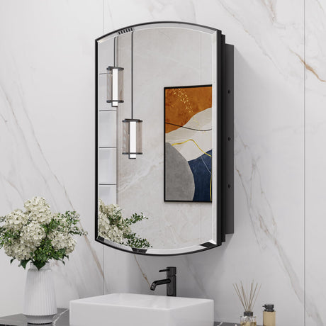 Keonjinn Black Medicine Cabinet 16 x 26 Inch, Surface Mount or Recessed Bathroom Cabinets with Mirrors, Metal Framed Wall Mirror with Storage, 2 Adjustable Shelves, Beveled Edge Mirror Keonjinn