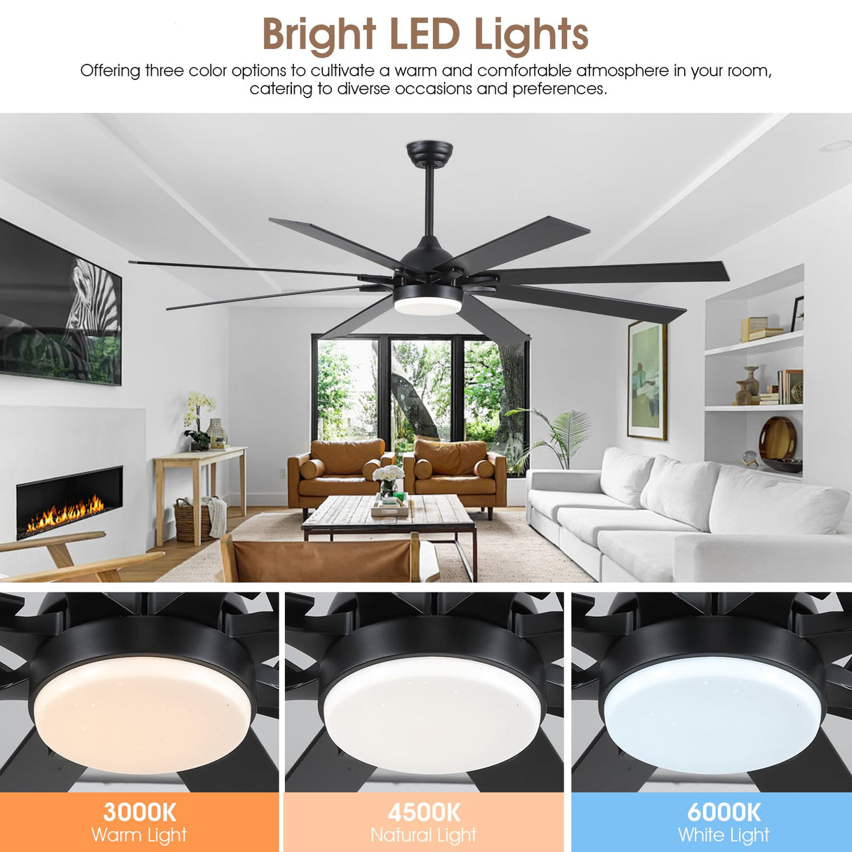 Kviflon 72 Inch Large Ceiling Fans with Lights and Remote, Indoor/Outdoor Black Modern Industrial Ceiling Fan with Light for Living Room Patios Porch, Reversible Quiet Motor, 8 Dual Finish Blades Kviflon