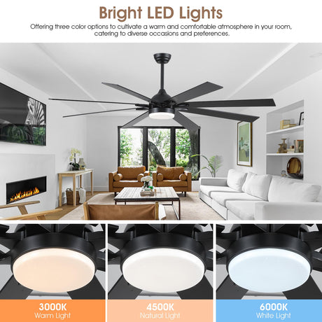 Kviflon 72 Inch Large Ceiling Fans with Lights and Remote, Indoor/Outdoor Black Modern Industrial Ceiling Fan with Light for Living Room Patios Porch, Reversible Quiet Motor, 8 Dual Finish Blades Kviflon