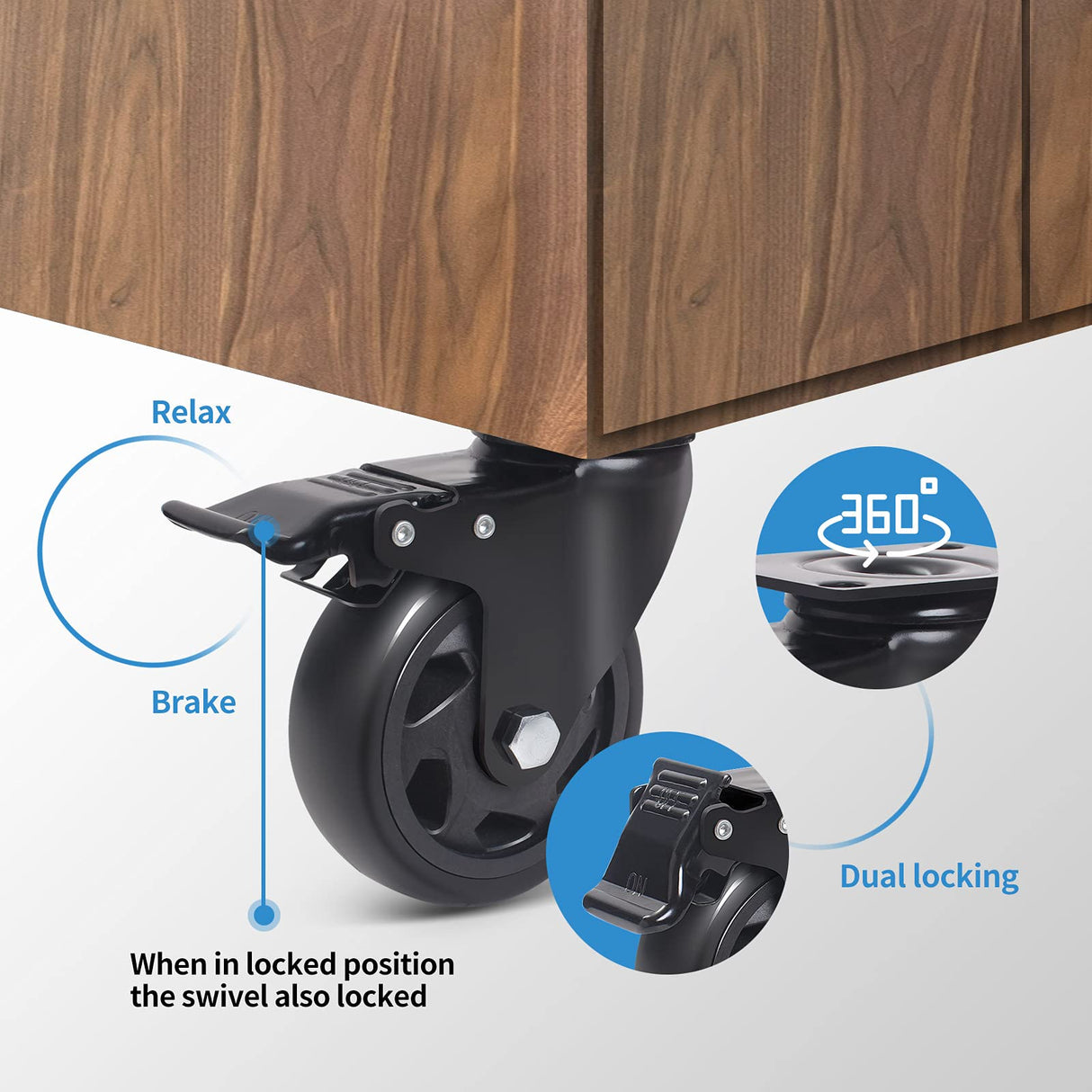 5 Inch Swivel Caster Wheels Set of 4, Heavy Duty Casters with Brake, Polyurethane Locking Casters for Cart, Workbench and Trolley-Load 2200lbs, Black(Two Hardware Kits) Wieyunn