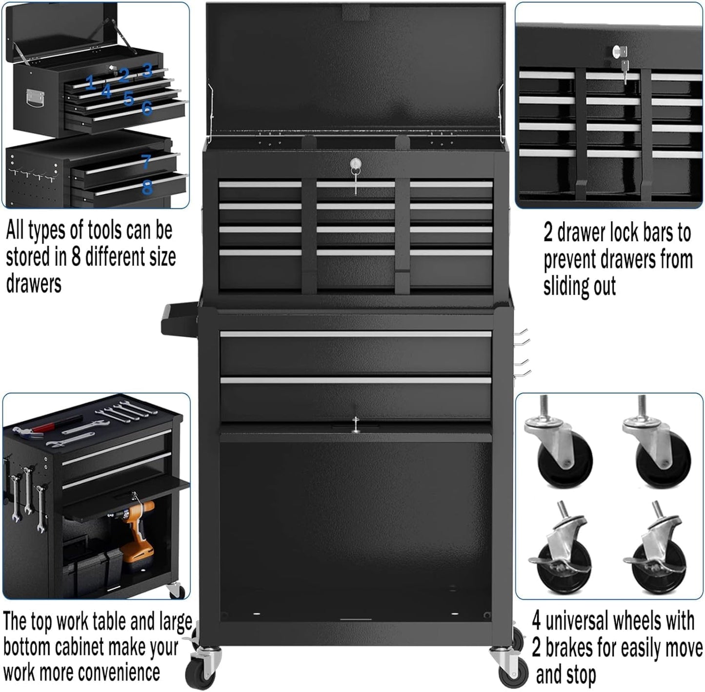 8-Drawer High Capacity Rolling Tool Box with Wheels,Rolling Tool Chest with Drawer,Tool Box on 4 Wheels with Lock, Tool Storage Cabinet Removable Portable Box for Garage Warehouse (Black) - WoodArtSupply