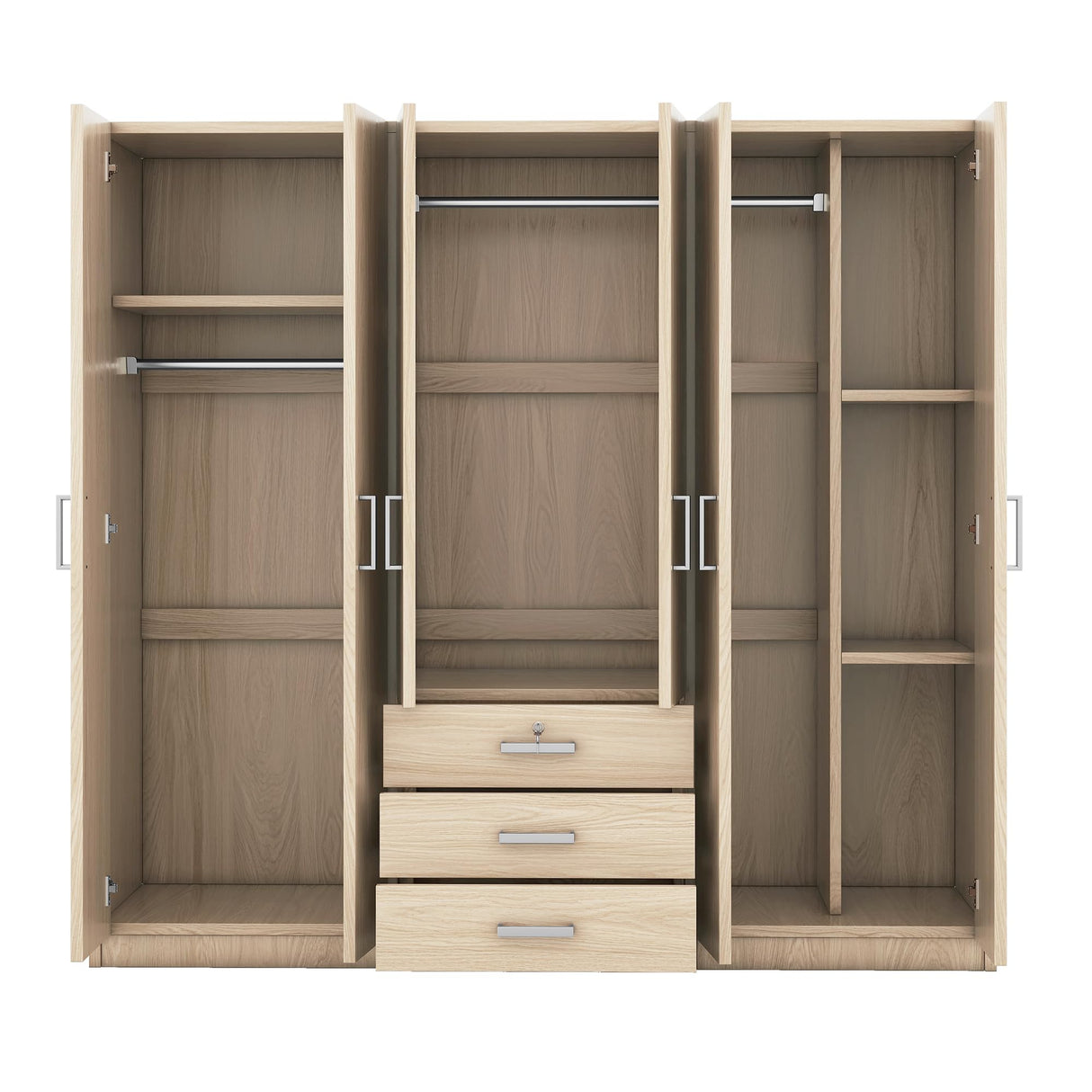 Ball & Cast 6 Doors Wooden Wardrobe,Tall Armoire Closet with 3 Drawers, Clothes Storage Cabinet w/Hanging Rails and Shelves,for Bedroom,Garage & Laundry Room,Brown Ball & Cast